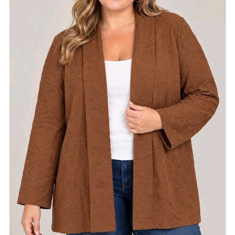 J. JILL Pure Jill Brown Open Front Cotton Textured Jacquard Jacket - 2X